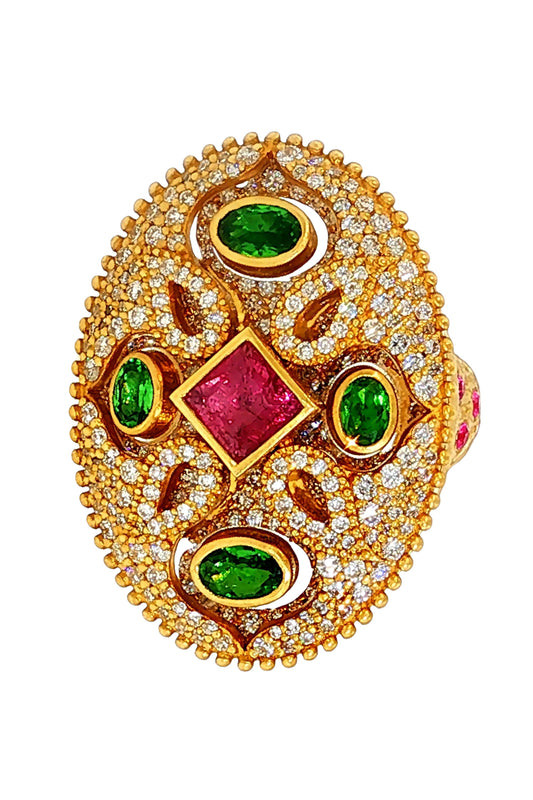 Tsavorite Tourmaline Oval Trinetra Ring-YELLOW GOLD-7-JEWELRYFINE JEWELRING-COOMI