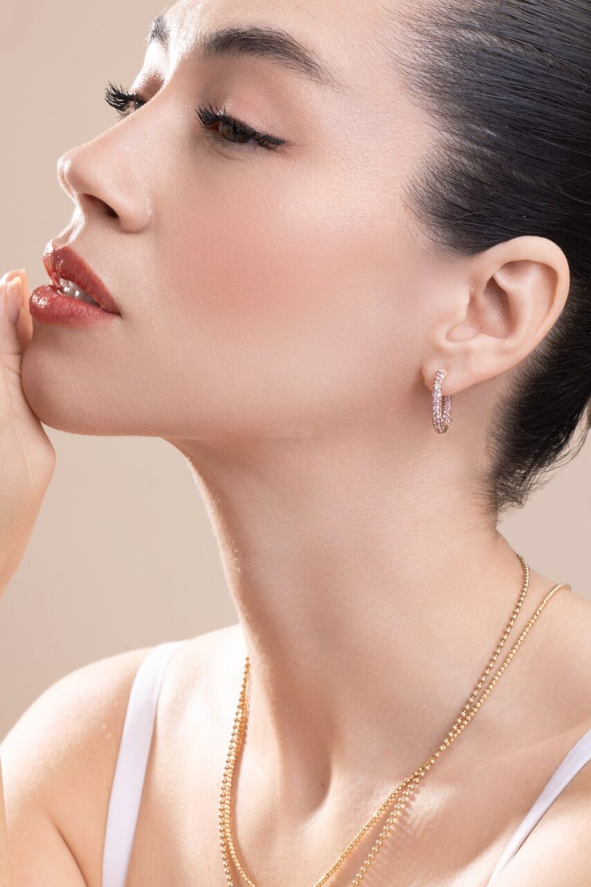 Pink Sapphire Disco Sister Hoop Earrings-YELLOW GOLD-JEWELRYFINE JEWELEARRING-ROBINSON PELHAM