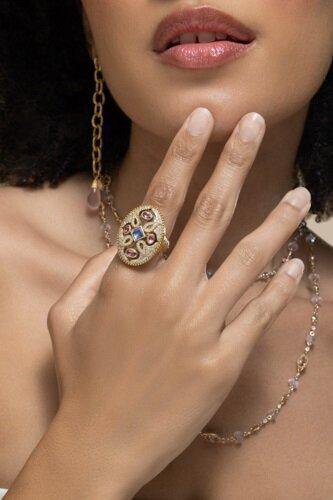 Pink Tourmaline Tanzanite Trinetra Oval Ring-YELLOW GOLD-7-JEWELRYFINE JEWELRING-COOMI