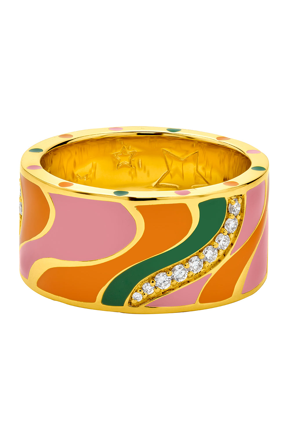 Diamond Pink Green Groovy Swirl Band Ring