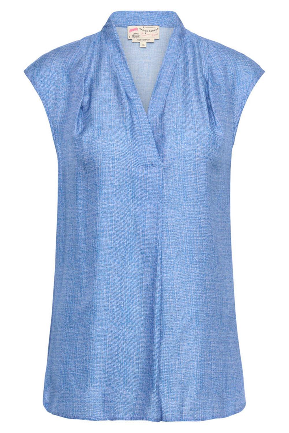 Sleeveless V Neck Blouse-CHAMBRAY BLUE-34-CLOTHINGTOPBLOUSE-MAISON COMMON