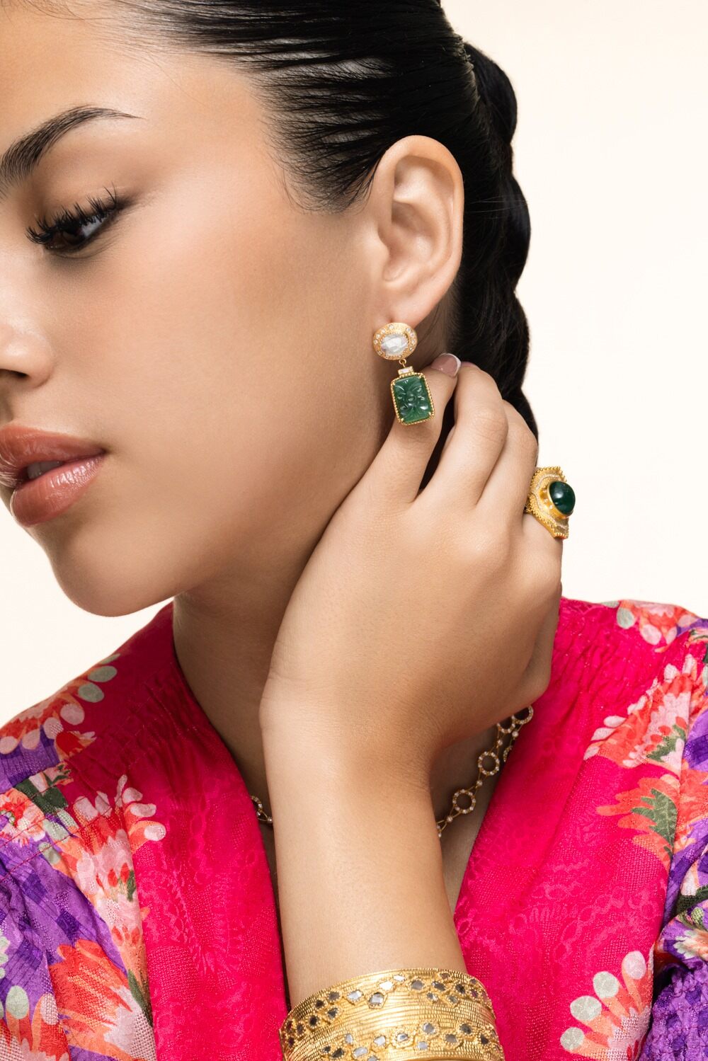 Emerald Diamond Carved Earrings-YELLOW GOLD-JEWELRYFINE JEWELEARRING-COOMI
