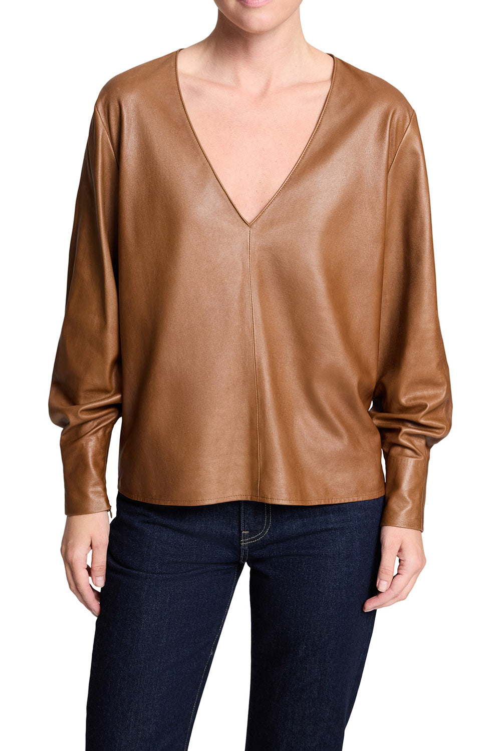 Long Zip Sleeve V Neck Top-BROWN-XS-CLOTHINGTOPBLOUSE-TWP