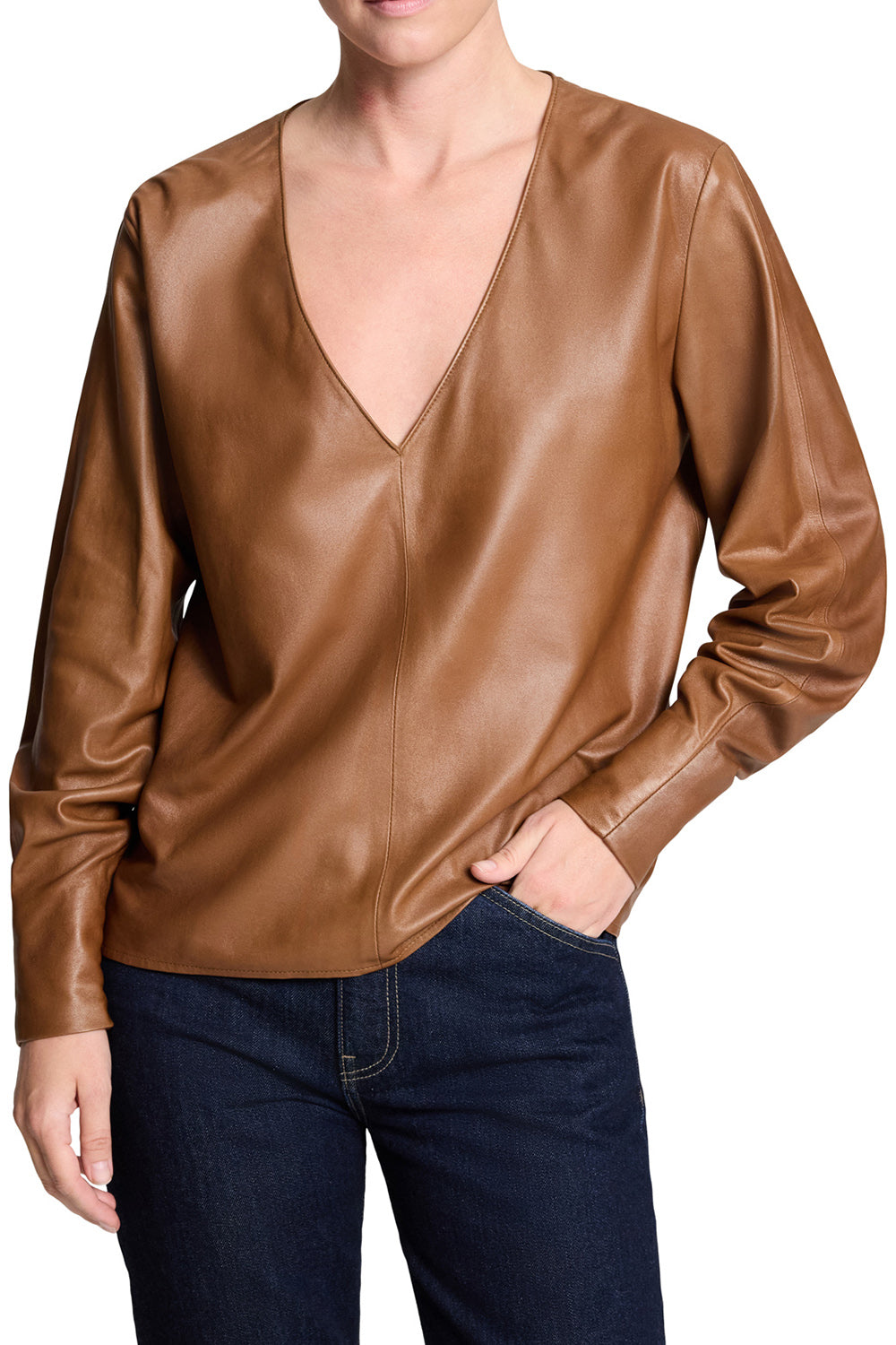 Long Zip Sleeve V Neck Top-BROWN-XS-CLOTHINGTOPBLOUSE-TWP