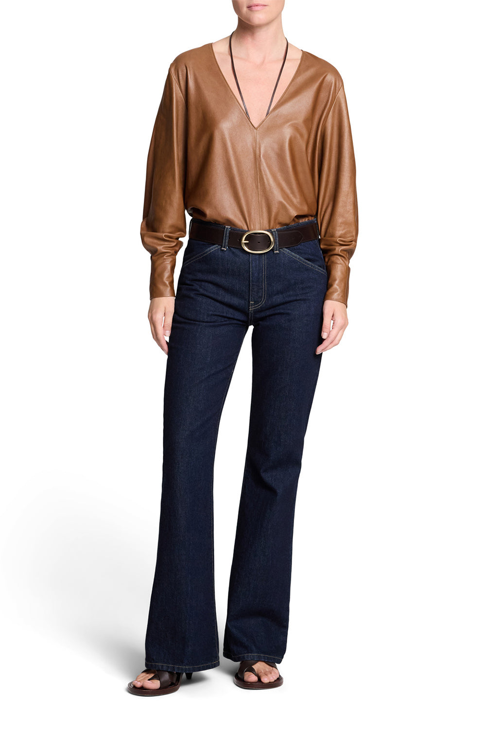  Long Zip Sleeve V Neck Top-BROWN-XS-CLOTHINGTOPBLOUSE-TWP 