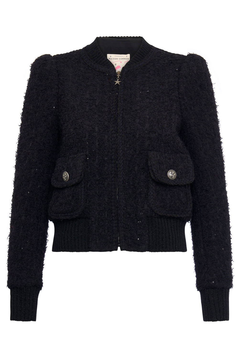 Zip Front Bomber Jacket-BLACK-32-CLOTHINGJACKETEVENING-MAISON COMMON