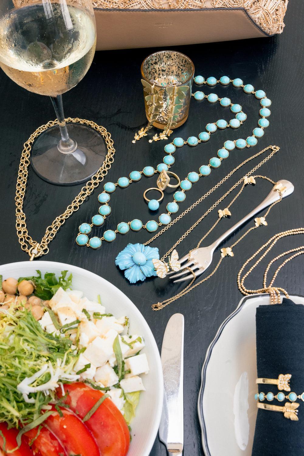 Turquoise Tropical Flower Necklace-YELLOW GOLD-JEWELRYFINE JEWELNECKLACE O-IRENE NEUWIRTH JEWELRY