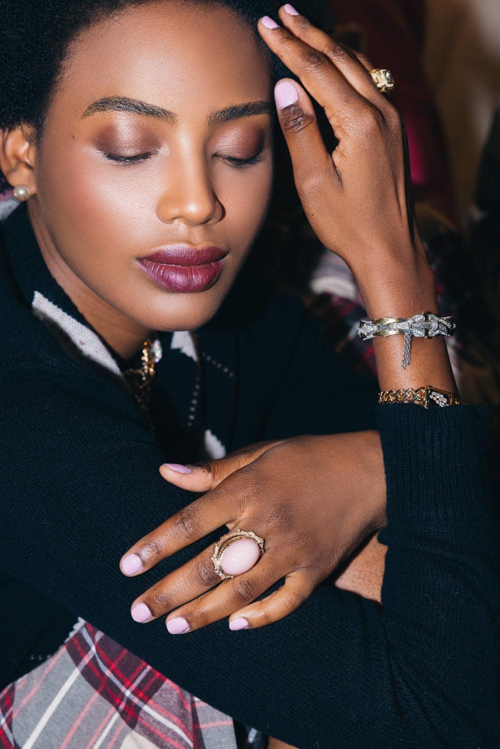 Diamond Pink Coral Oval Ring-YELLOW GOLD-7.5-JEWELRYFINE JEWELRING-LOREE RODKIN