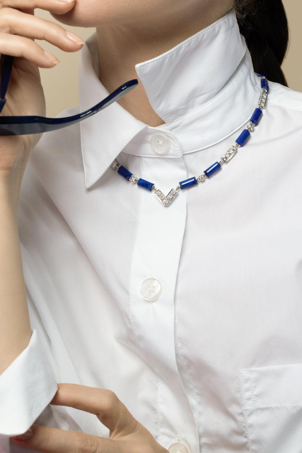 Lapis Diamond V Chain Necklace-WHITE GOLD-JEWELRYFINE JEWELNECKLACE O-DAVID WEBB