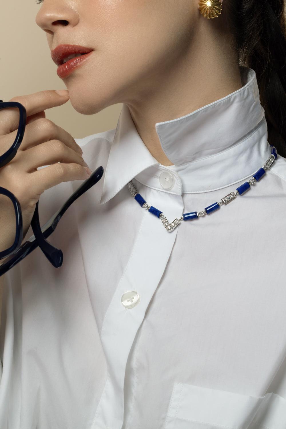 Lapis Diamond V Chain Necklace-WHITE GOLD-JEWELRYFINE JEWELNECKLACE O-DAVID WEBB