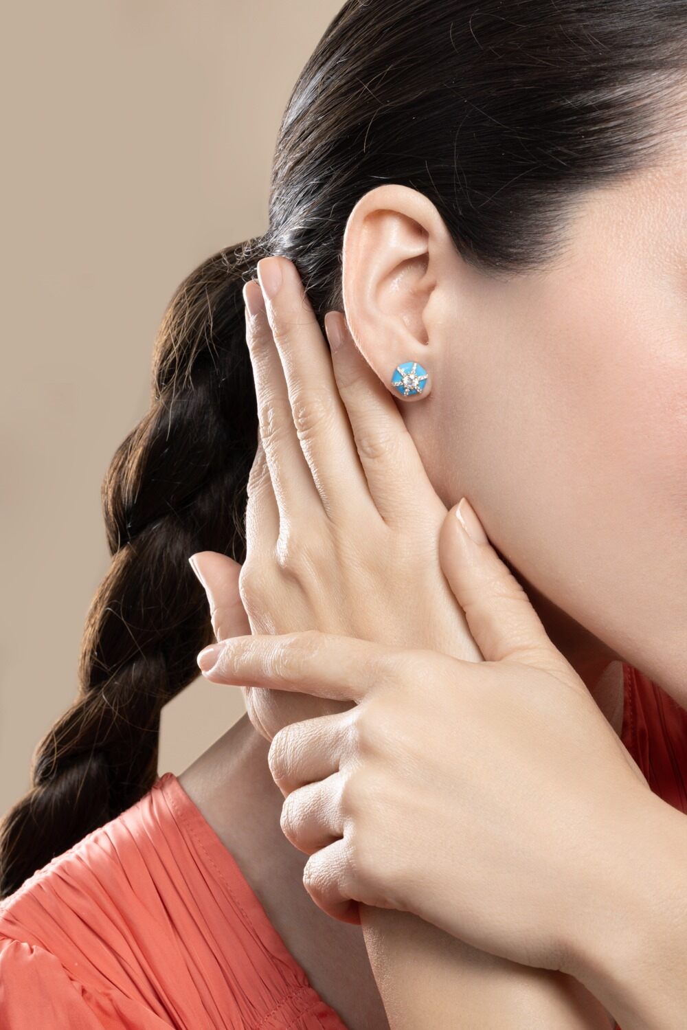Diamond Blue Hexagon Queen Stud Earrings-YELLOW GOLD-JEWELRYFINE JEWELEARRING-GOSHWARA