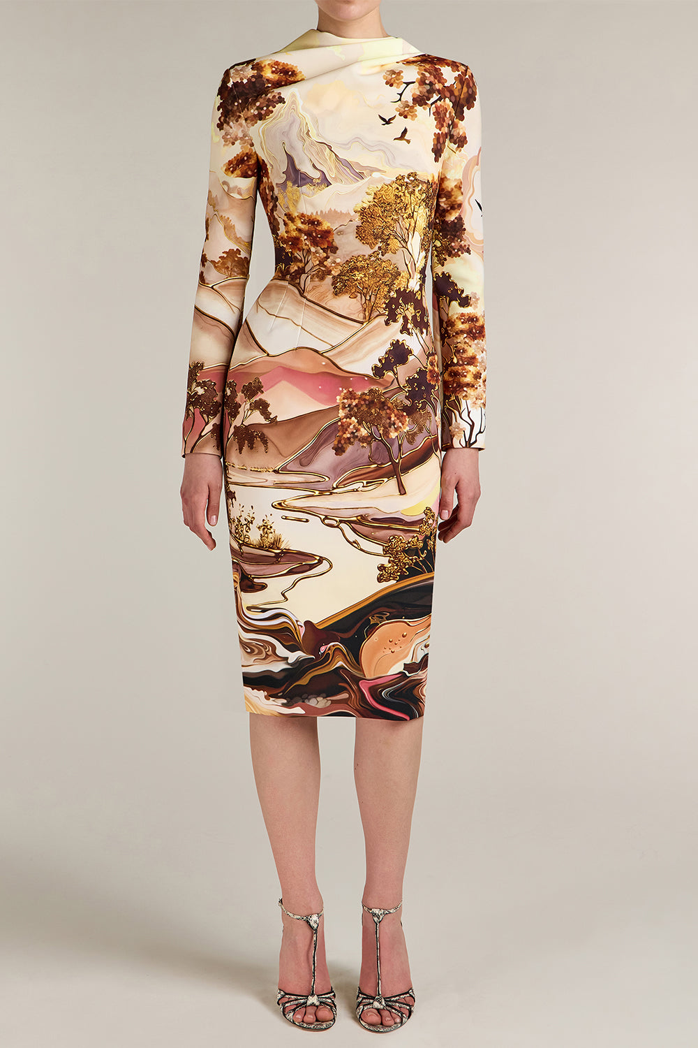 Aeila Landscape Print Long Sleeve Midi Dress