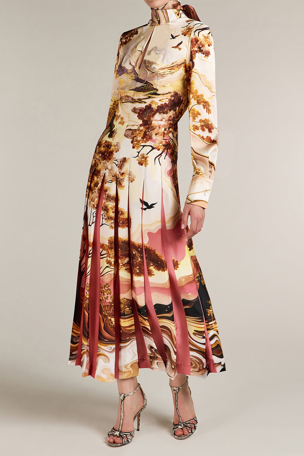 Alexis Landscape Print Tie-Neck Midi Dress