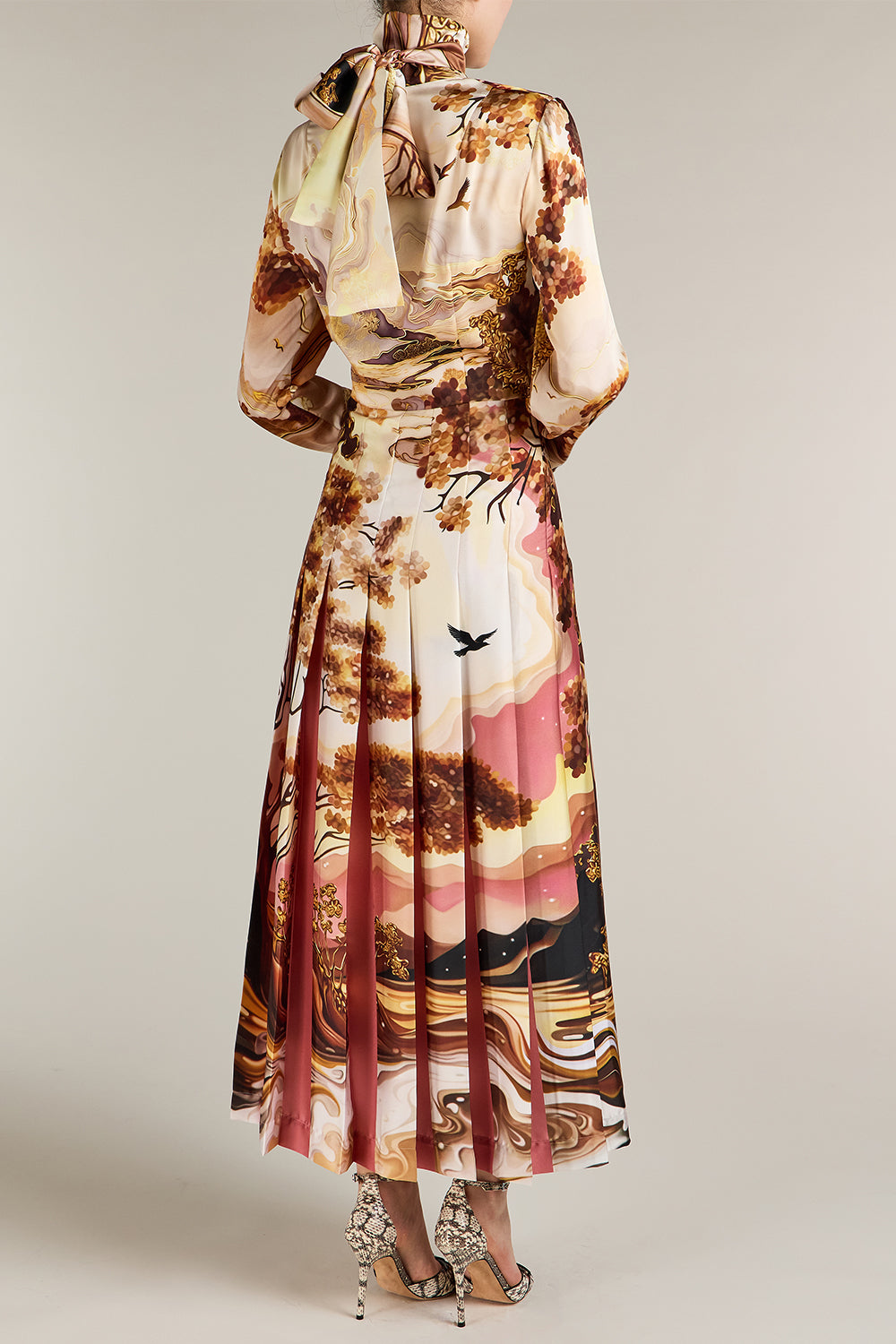 Alexis Landscape Print Tie-Neck Midi Dress
