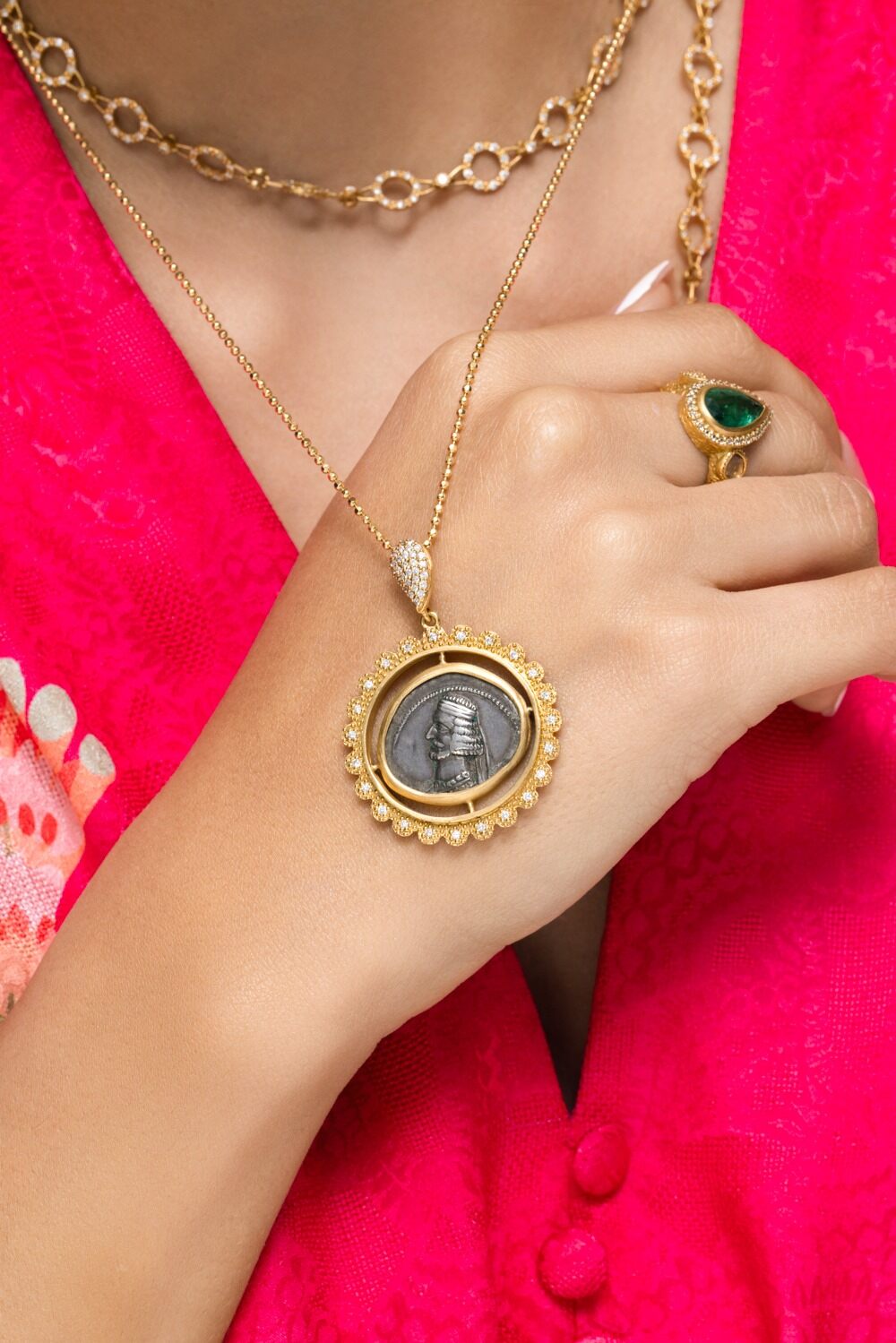 Diamond Antiquity Scallop Coin Pendant-YELLOW GOLD-JEWELRYFINE JEWELPENDANT-COOMI