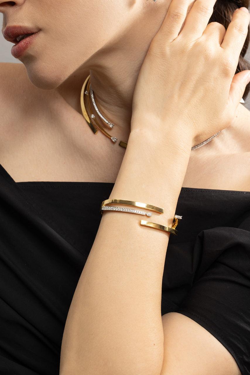 Diamond Four Line Open Bracelet-YELLOW GOLD-JEWELRYFINE JEWELBRACELET O-YEPREM