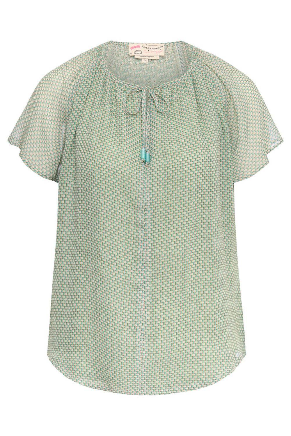 Lattice Flutter Cap Sleeve Blouse-GREEN-32-CLOTHINGTOPBLOUSE-MAISON COMMON