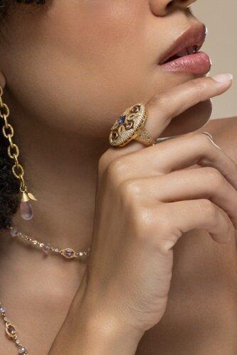 Pink Tourmaline Tanzanite Trinetra Oval Ring-YELLOW GOLD-7-JEWELRYFINE JEWELRING-COOMI