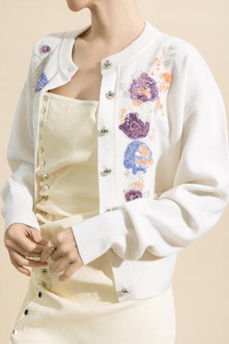 Long Sleeve Embellished Cardigan-CREAM-XS-CLOTHINGTOPCARDIGAN-RABANNE