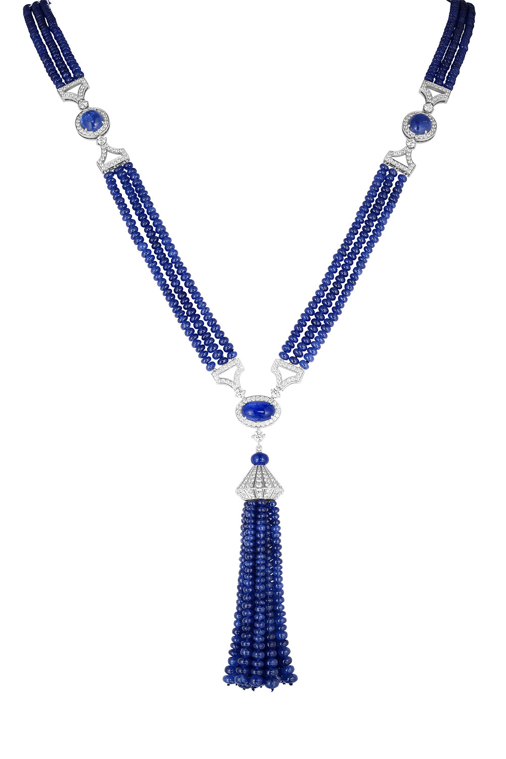 Blue Sapphire Diamond Beaded Tassel Necklace