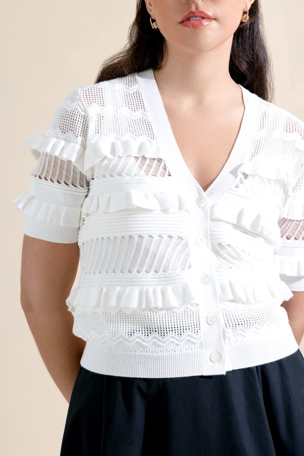Short Sleeve Ruffle Cardigan-WHITE-XS-CLOTHINGTOPCARDIGAN-MINNIE ROSE