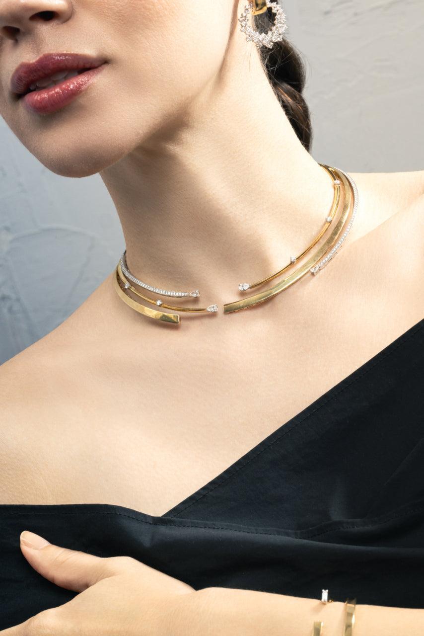 Diamond Round Pear Golden Strada Statement Collar Necklace-YELLOW GOLD-JEWELRYFINE JEWELNECKLACE O-YEPREM