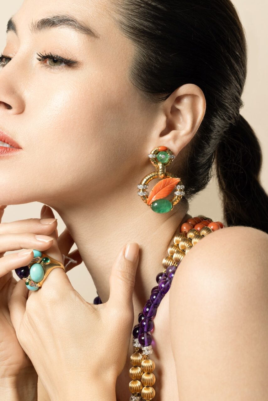 Emerald and Coral Leaf Earrings-YELLOW GOLD-JEWELRYFINE JEWELEARRING-DAVID WEBB