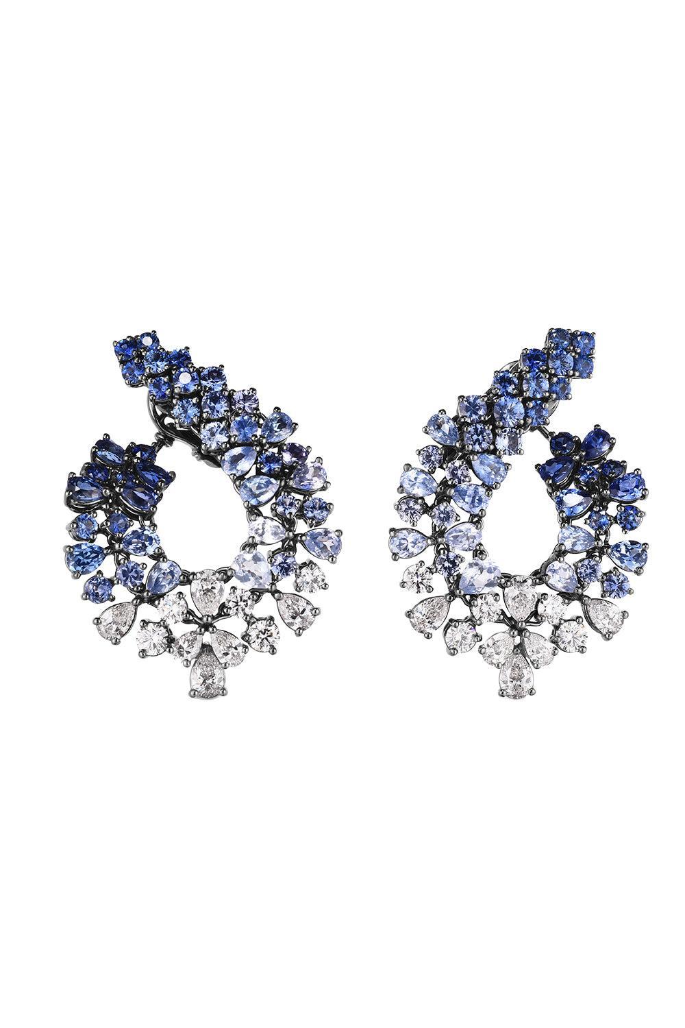 Sapphire Diamond Cluster Earrings-WHITE GOLD-JEWELRYFINE JEWELEARRING-CICADA