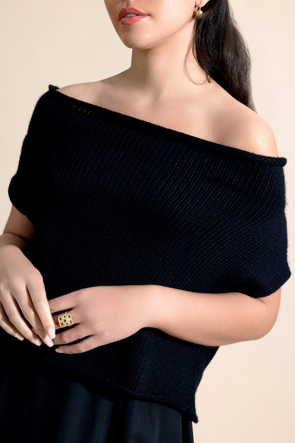 Off the Shoulder Knit Top - Black-BLACK-XS-CLOTHINGTOPKNITS-LOUIZA BABOURYAN