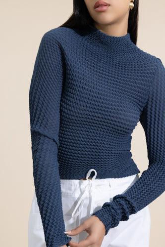 Chevron Long Sleeve Crop Top-BLUE-XS-CLOTHINGTOPKNITS-VICTORIA BECKHAM