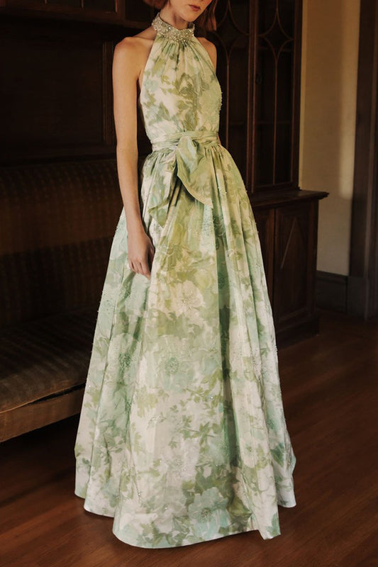 Floral T-Neck Gem Collar Gown