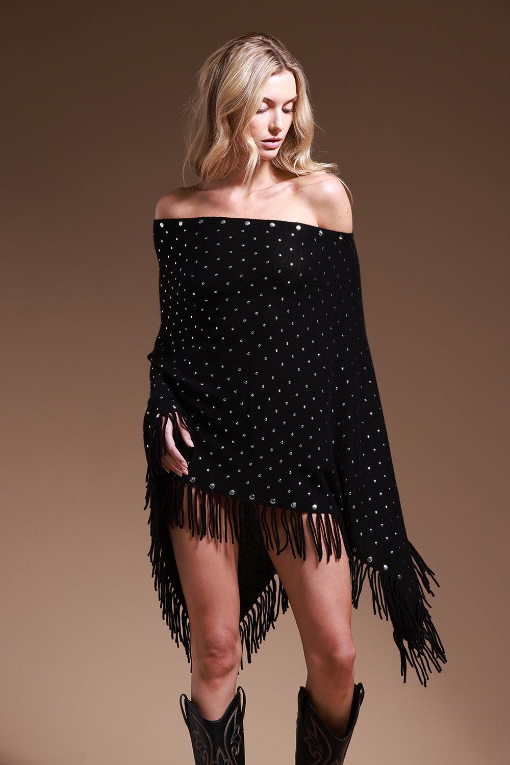 Stud Fringe Ruana-BLACK-O/S-CLOTHINGTOPPONCHO-MINNIE ROSE