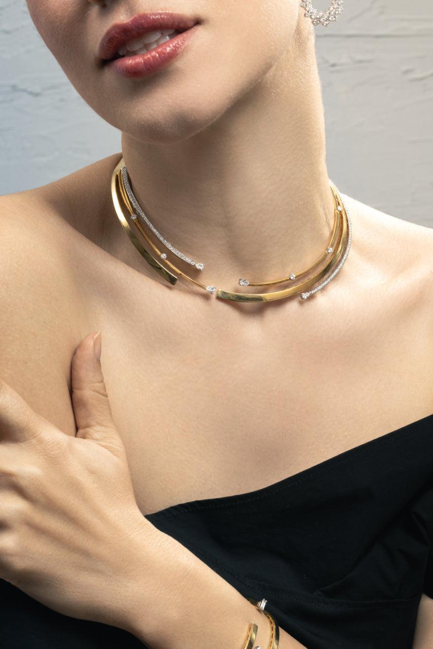 Diamond Round Pear Golden Strada Statement Collar Necklace-YELLOW GOLD-JEWELRYFINE JEWELNECKLACE O-YEPREM