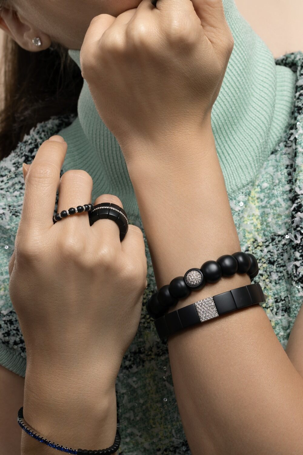 Diamond Section Matte Black Domino Stretch Bracelet-WHITE GOLD-JEWELRYFINE JEWELBRACELET O-ROBERTO DEMEGLIO
