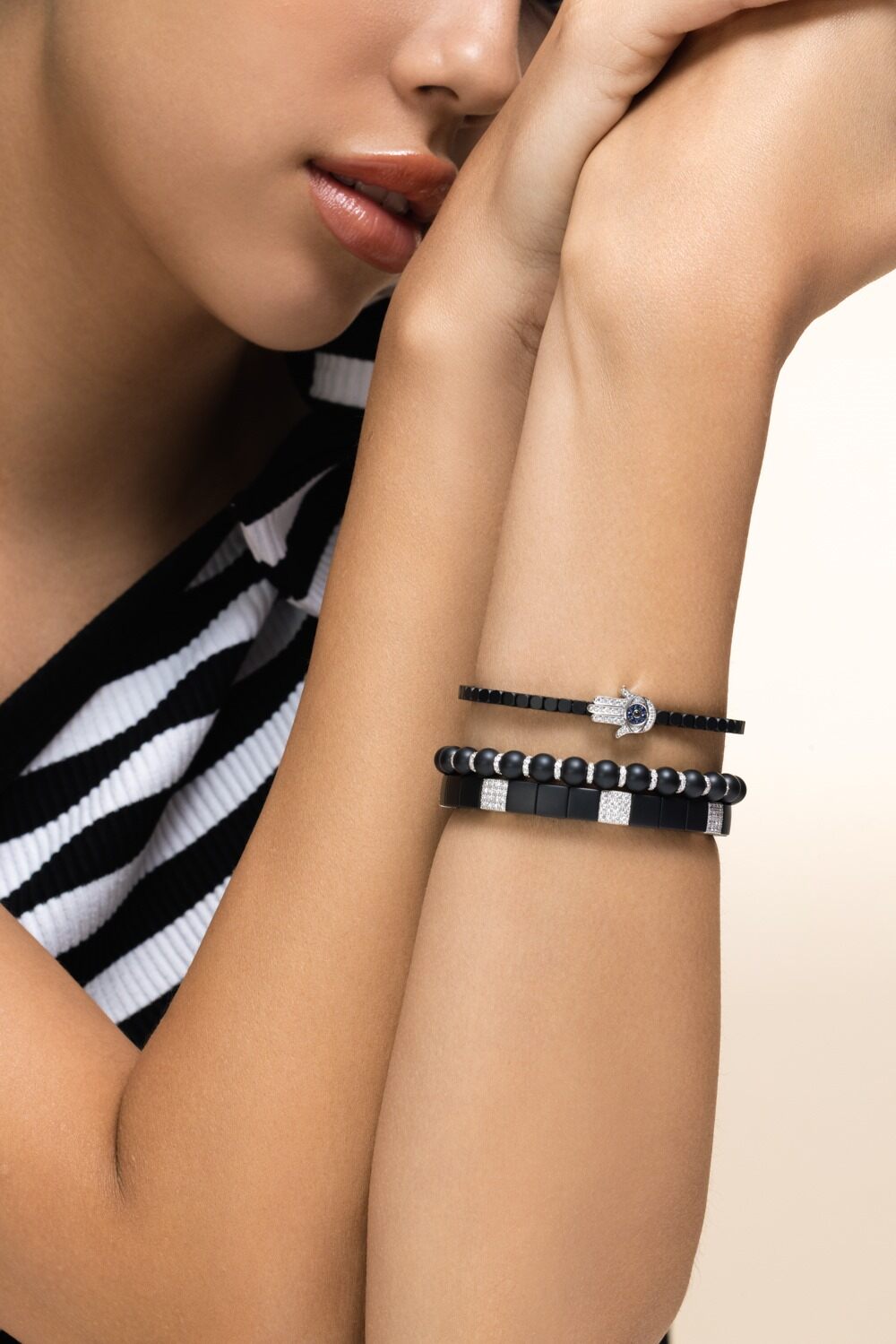 Diamond Seven Section Matte Black Scacco Bracelet-WHITE GOLD-JEWELRYFINE JEWELBRACELET O-ROBERTO DEMEGLIO