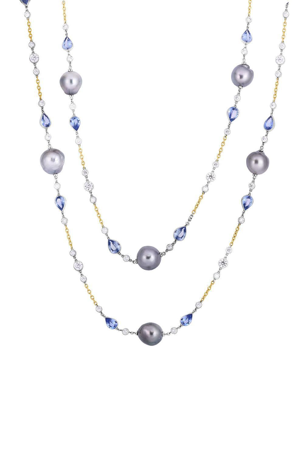 Pearl Sapphire Opera Chain Necklace-PLATINUM-JEWELRYFINE JEWELBRACELET O-CICADA