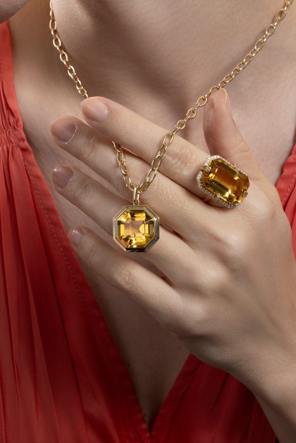 Citrine Asscher Manhattan Pendant Necklace-YELLOW GOLD-18-JEWELRYFINE JEWELNECKLACE O-GOSHWARA