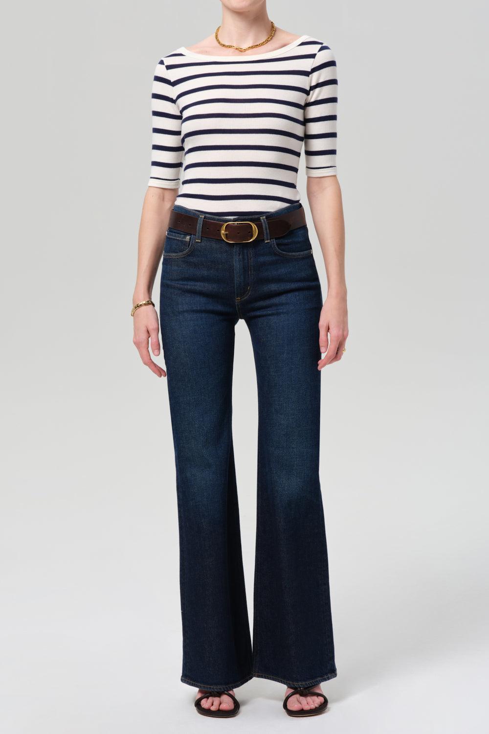 Three Quarter Sleeve Boat Neck Slim Tee-STRIPE-XS-CLOTHINGTOPT-SHIRT-CITIZENS of HUMANITY