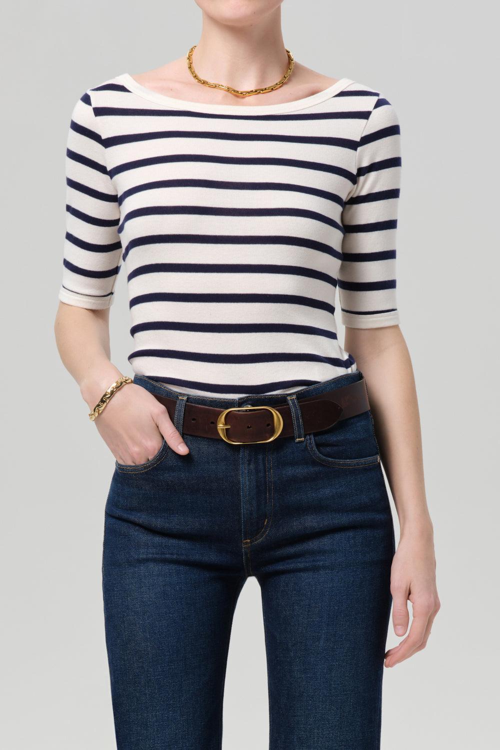 Three Quarter Sleeve Boat Neck Slim Tee-STRIPE-XS-CLOTHINGTOPT-SHIRT-CITIZENS of HUMANITY