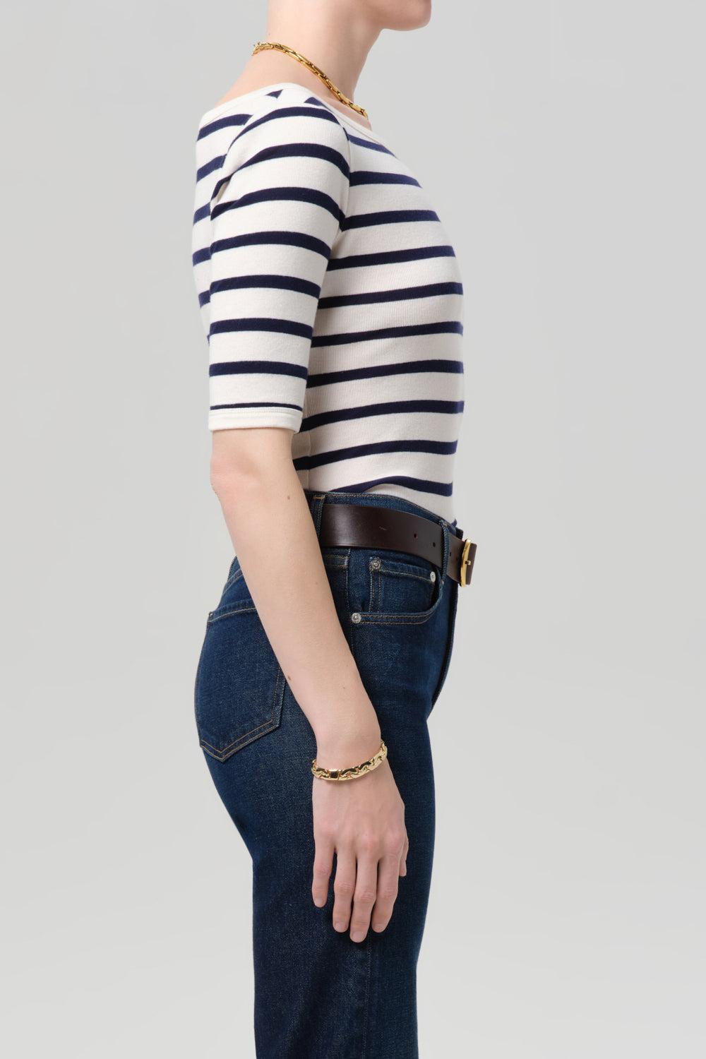 Three Quarter Sleeve Boat Neck Slim Tee-STRIPE-XS-CLOTHINGTOPT-SHIRT-CITIZENS of HUMANITY
