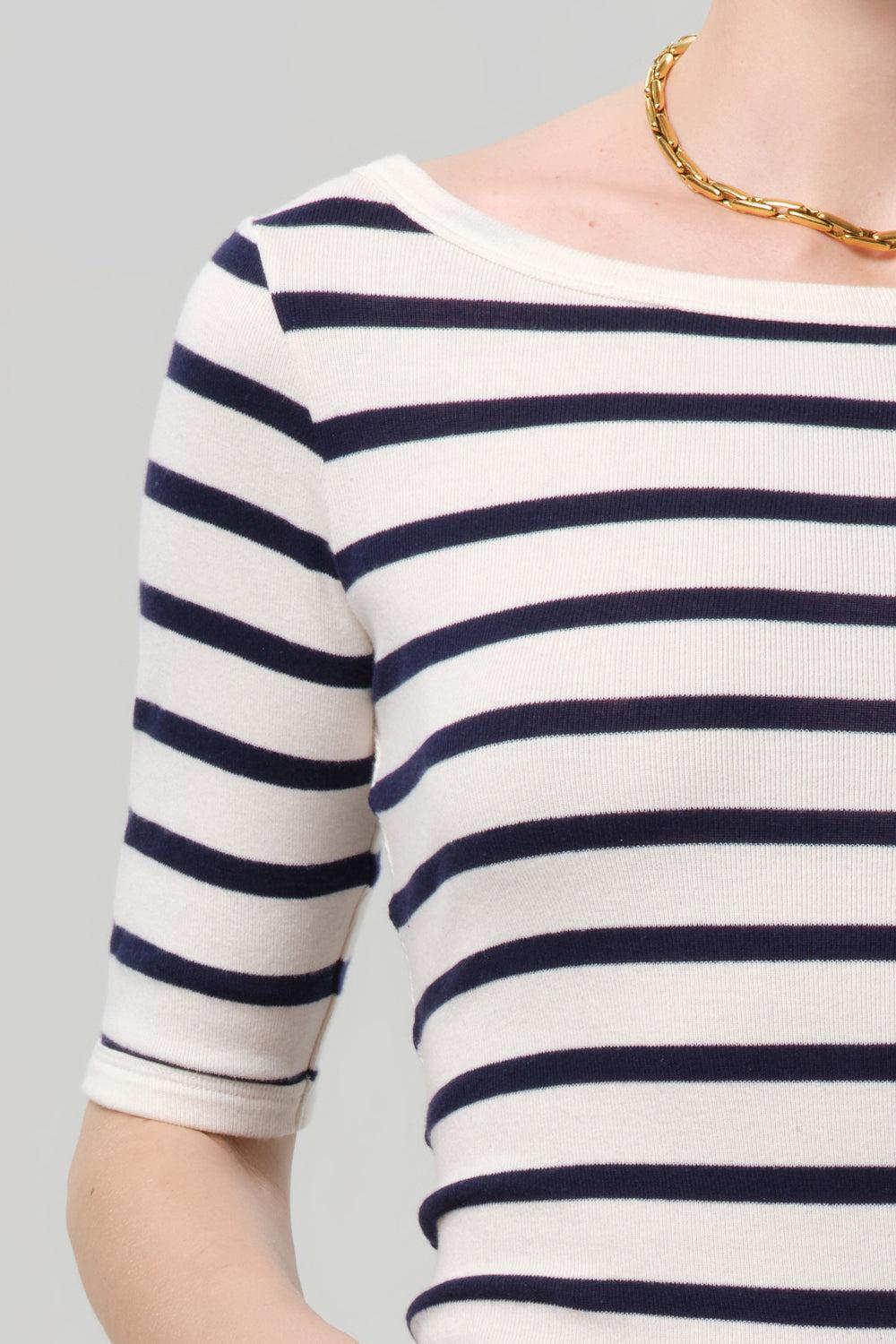 Three Quarter Sleeve Boat Neck Slim Tee-STRIPE-XS-CLOTHINGTOPT-SHIRT-CITIZENS of HUMANITY
