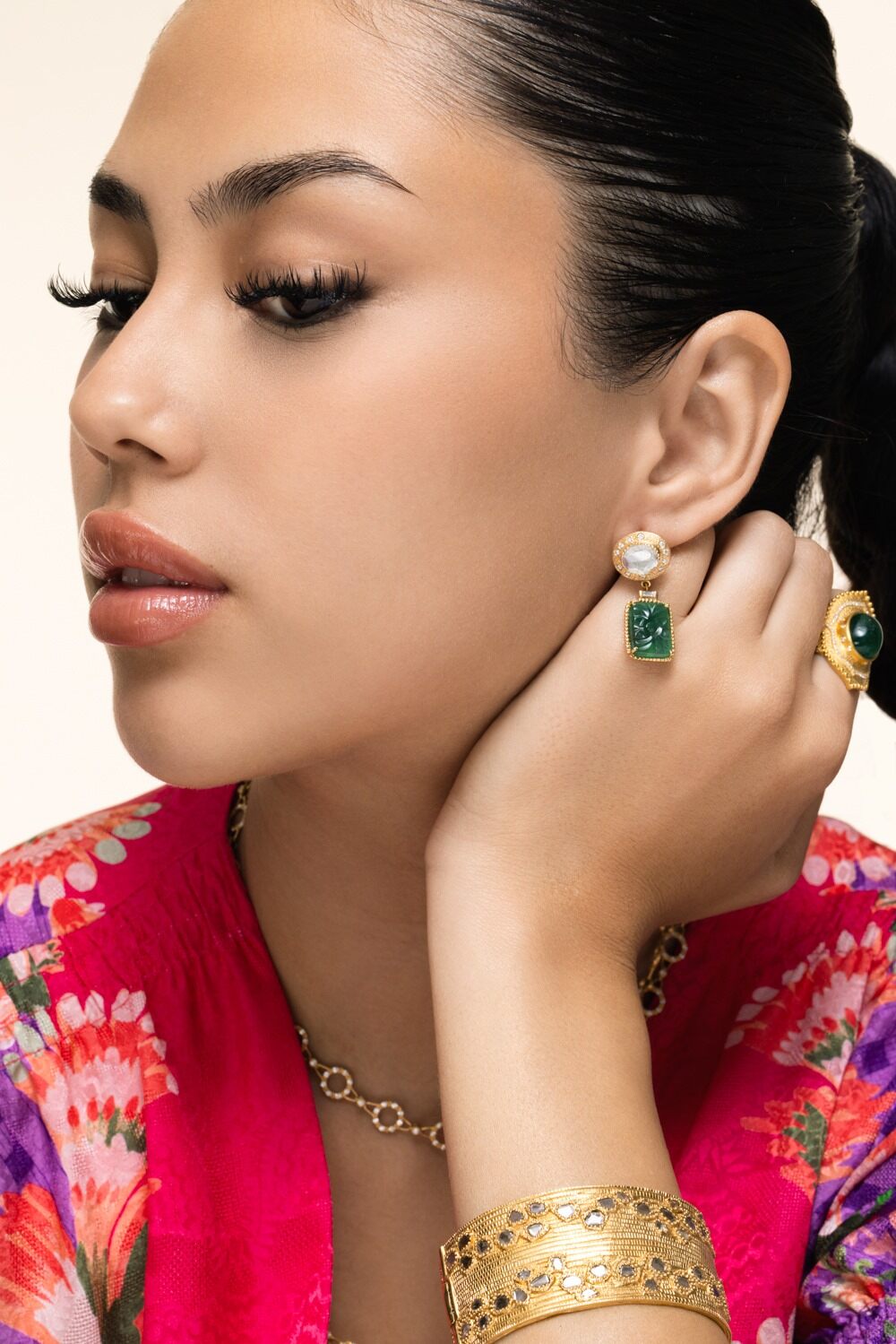 Emerald Diamond Carved Earrings-YELLOW GOLD-JEWELRYFINE JEWELEARRING-COOMI