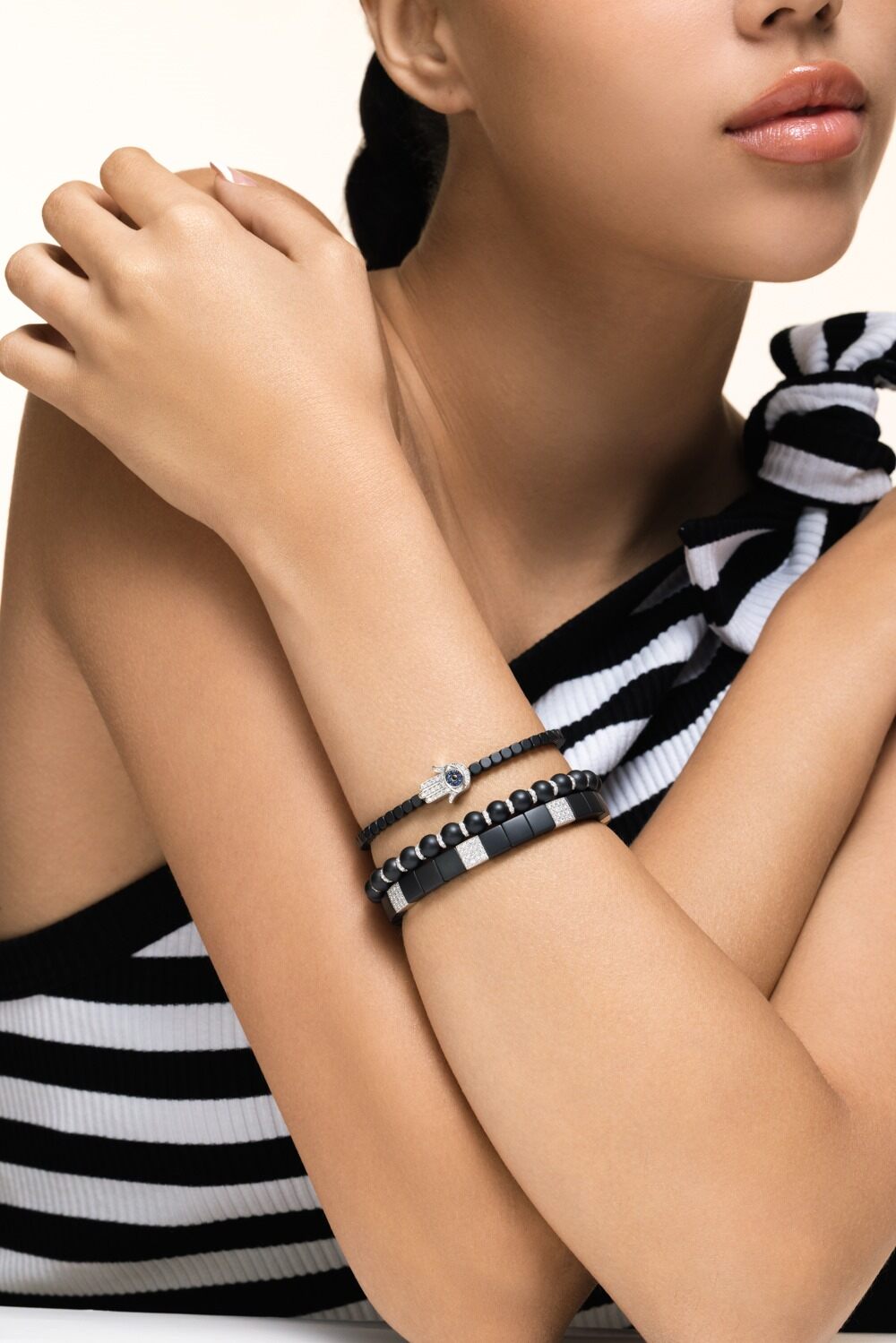 Diamond Seven Section Matte Black Scacco Bracelet-WHITE GOLD-JEWELRYFINE JEWELBRACELET O-ROBERTO DEMEGLIO