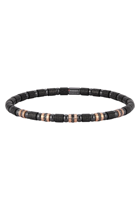 Five Station Diamond Alternating Black Carbon Stretch Bracelet-ROSE GOLD-JEWELRYFINE JEWELBRACELET O-ROBERTO DEMEGLIO