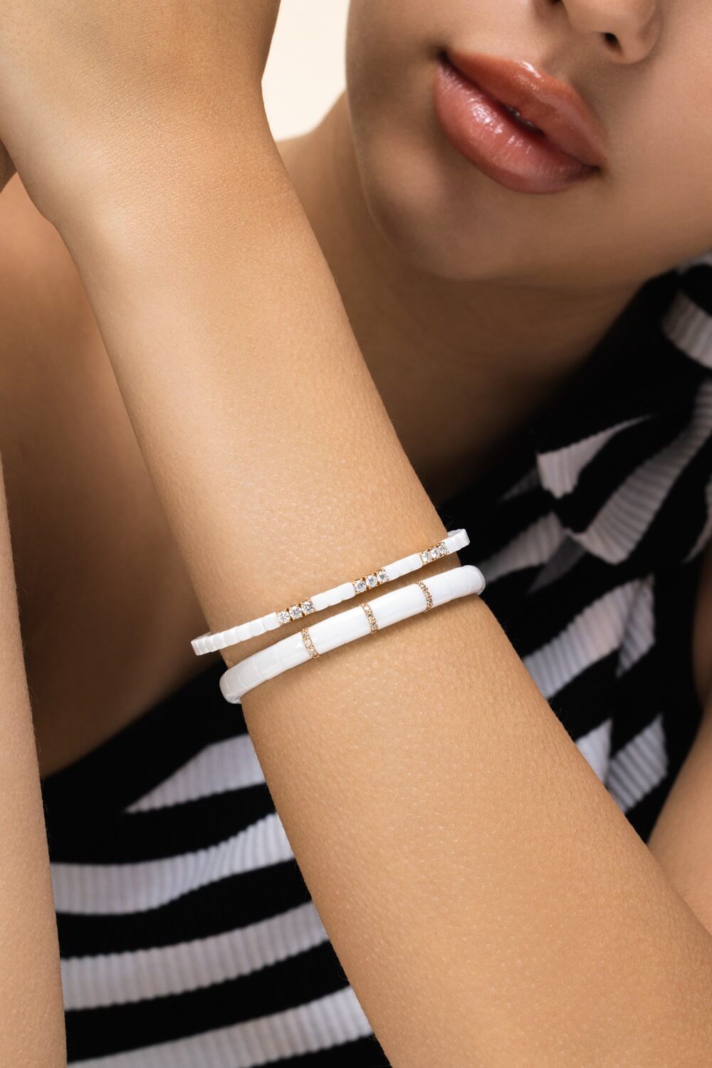 Diamond Three Bar White Pura Stretch Bracelet-ROSE GOLD-JEWELRYFINE JEWELBRACELET O-ROBERTO DEMEGLIO