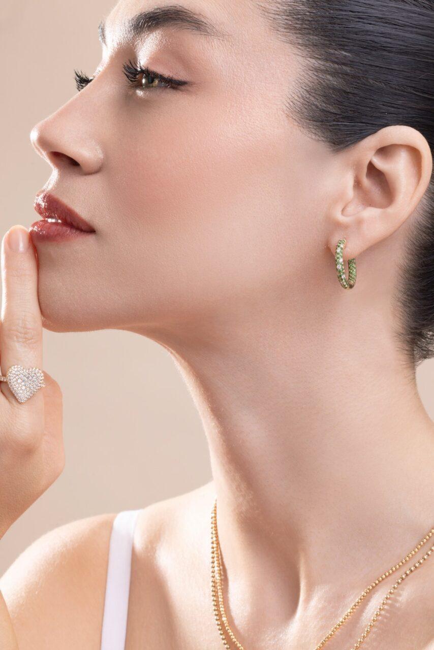 Tsavorite Disco Sister Hoop Earrings-YELLOW GOLD-JEWELRYFINE JEWELEARRING-ROBINSON PELHAM