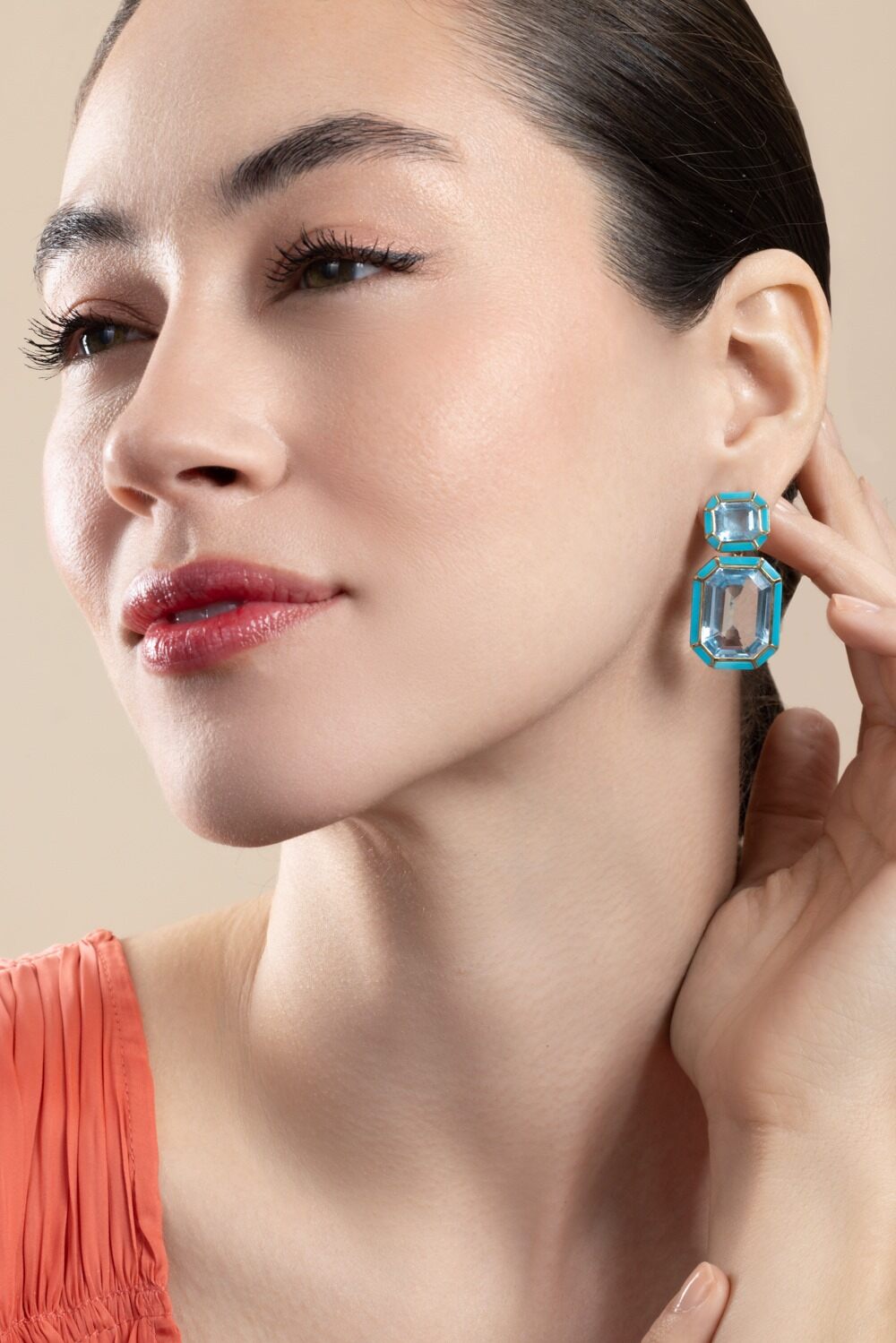 Blue Topaz Turquoise Double Drop Inlay Melange Earrings-YELLOW GOLD-JEWELRYFINE JEWELEARRING-GOSHWARA