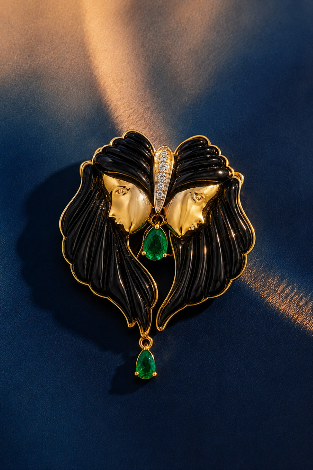 Onyx Emerald Diamond Twin Brooch