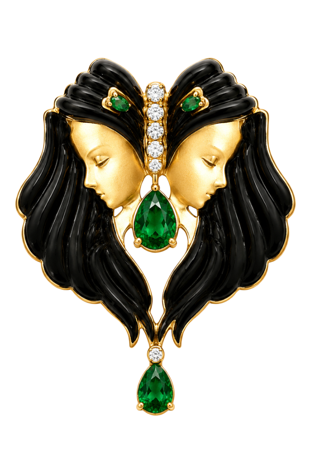 Onyx Emerald Diamond Twin Brooch