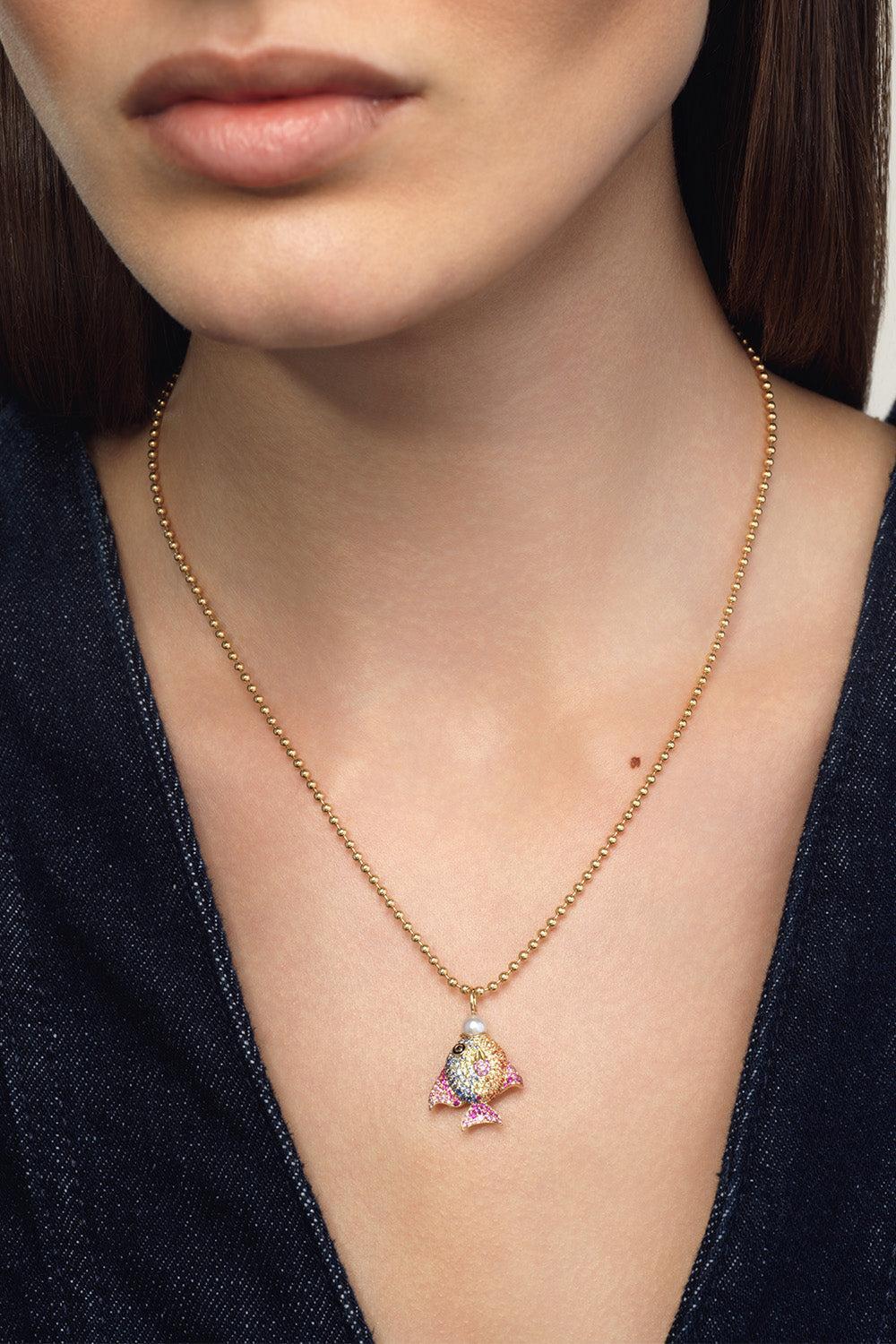 Rainbow Sapphire Fish Necklace-YELLOW GOLD-JEWELRYFINE JEWELNECKLACE O-EMILY P WHEELER